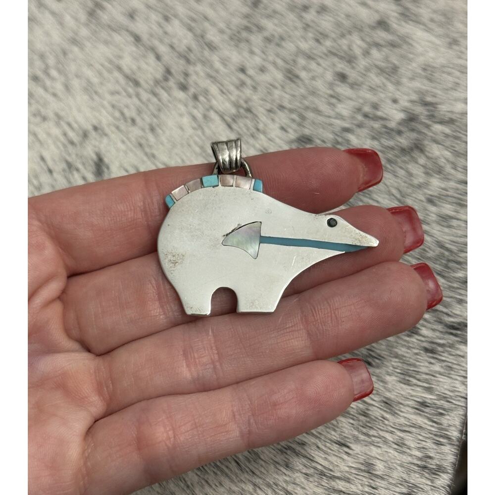 Native Sterling Silver Inlay Pendant Turquoise Mother Pearl Spirit Bear Arrow